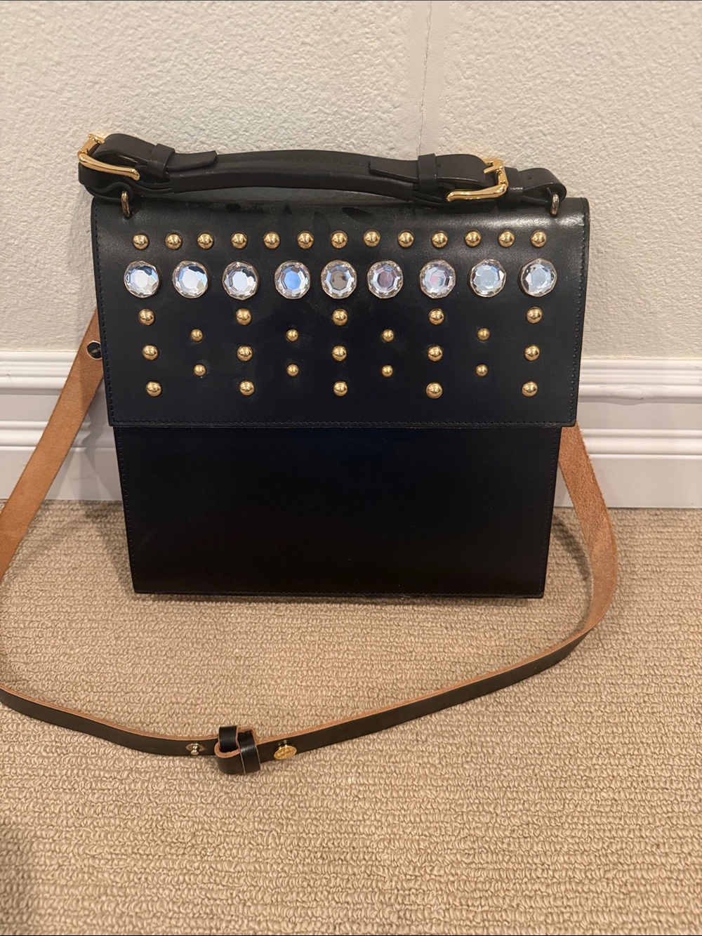 Black Studded Crossbody Bag with Crystal Accents